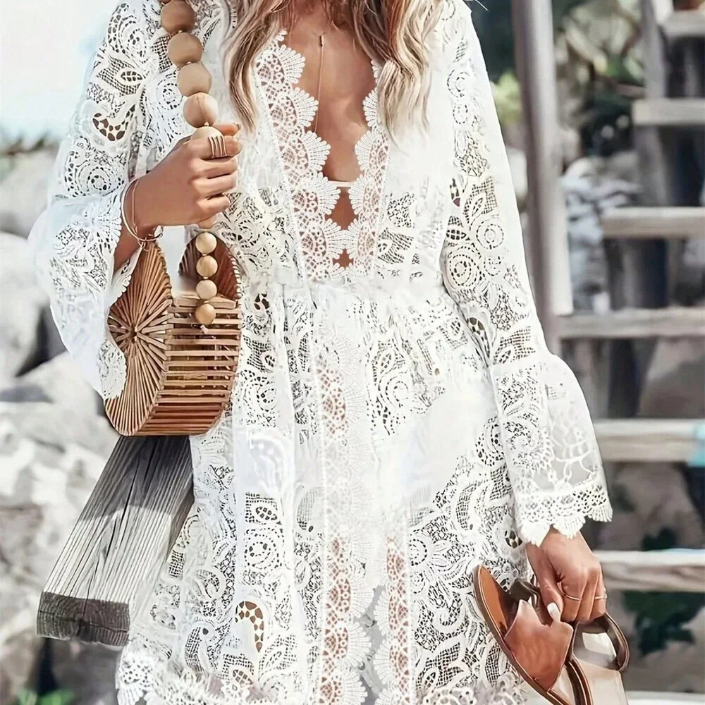 White Boho Women's Solid Color Lace Panel Deep V Neck Dress - Picture 2 of 5